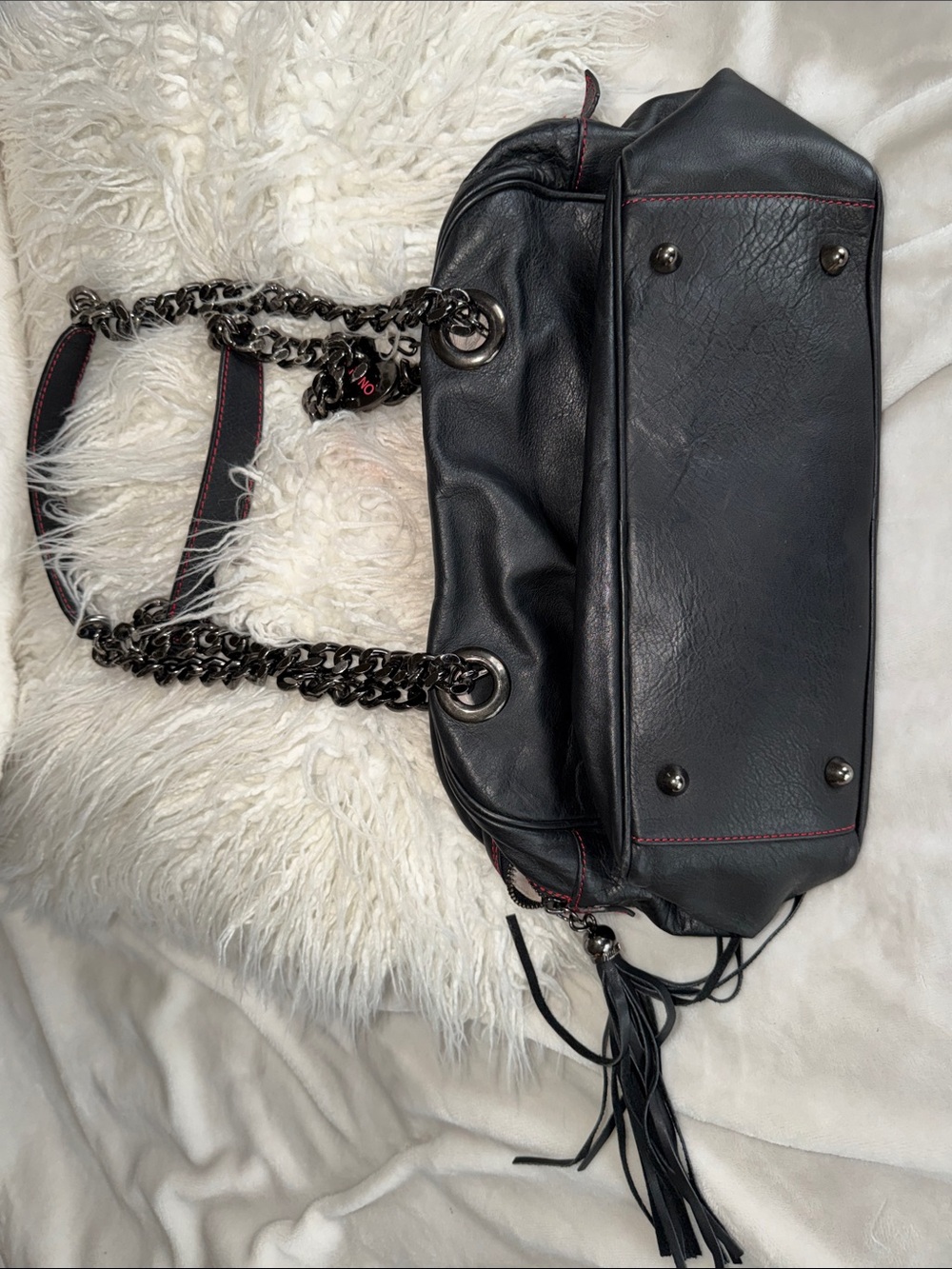 Valentino Black Leather Shoulder Bag with Chain Straps and Heart Charm. - Picture 2 of 6